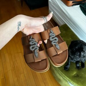 VALENTINO GARAVANI SERPENT SNAKE MAISON BROWN SLIDES 6.5 37 LEATHER SANDALS